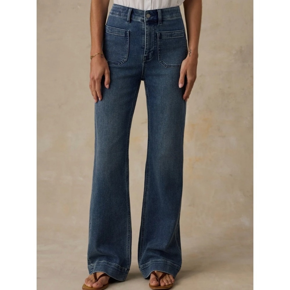 Faherty Stretch Terry Flare Leg Patch Pocket Jeans in Riverton Blue sz 27